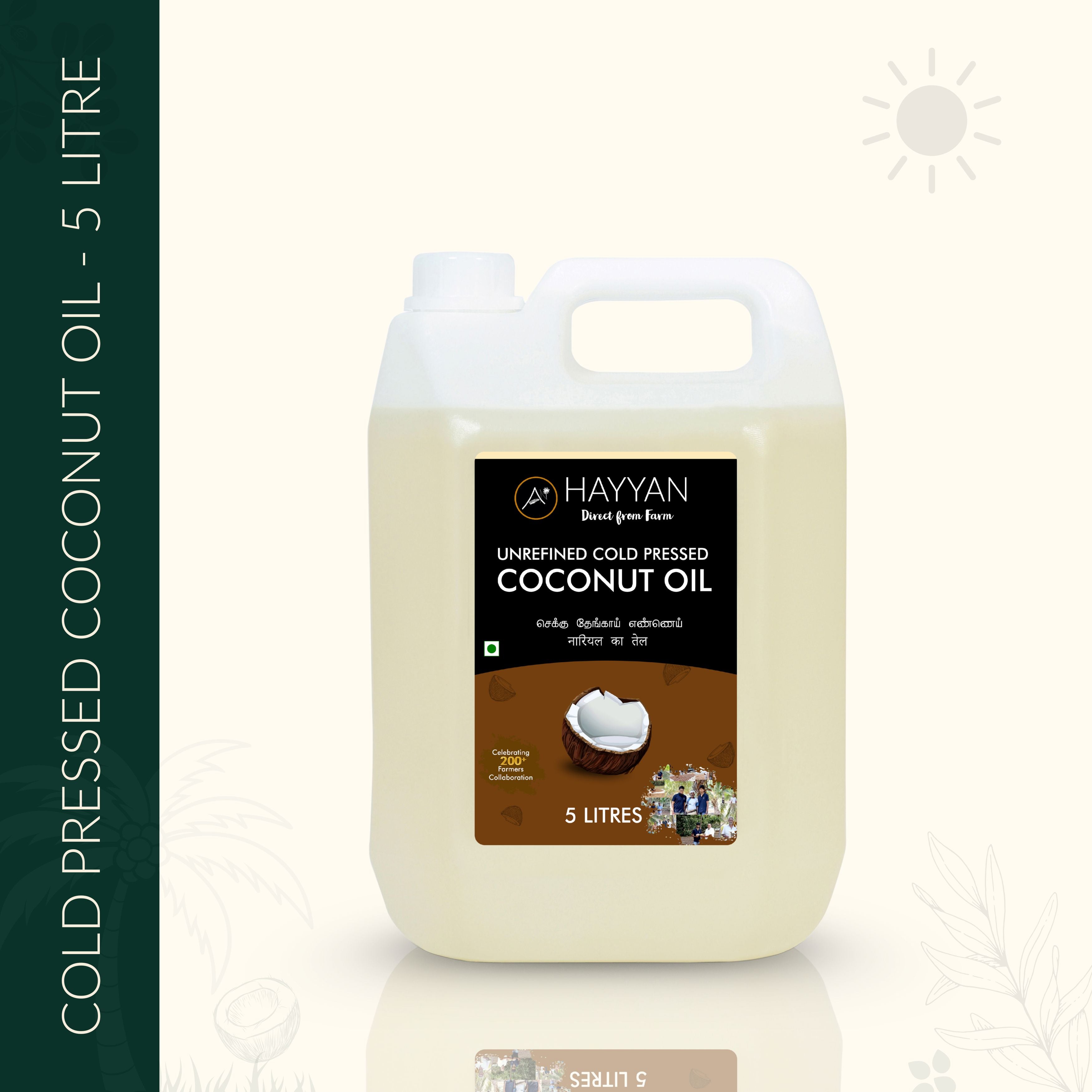 HAYYAN Cold Pressed Unrefined Own Farm Coconut Oil ( Chekku / Ghani ) - 5 Litres