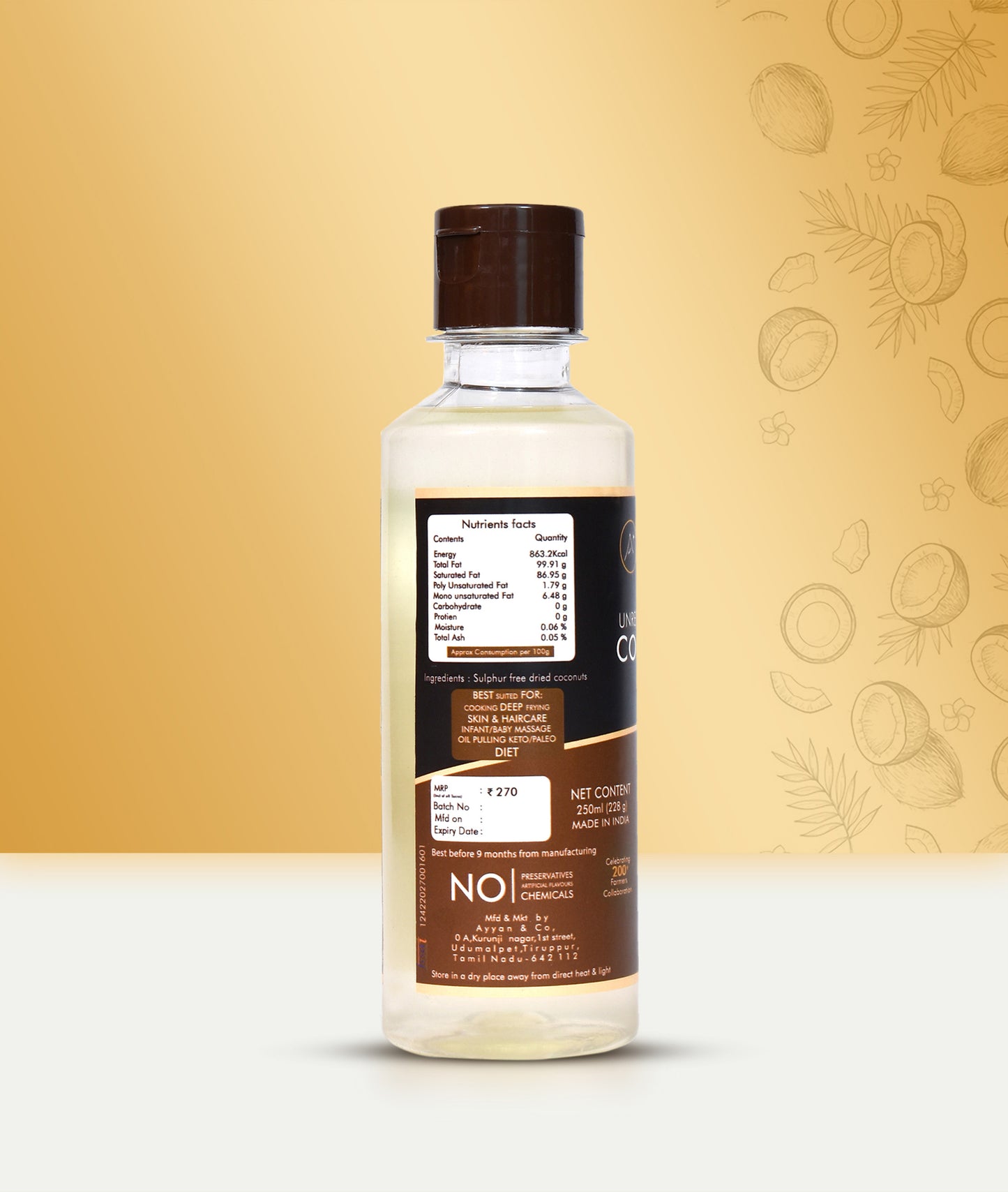HAYYAN Cold Pressed Unrefined Own Farm Coconut Oil ( Chekku / Ghani ) - 250 Ml