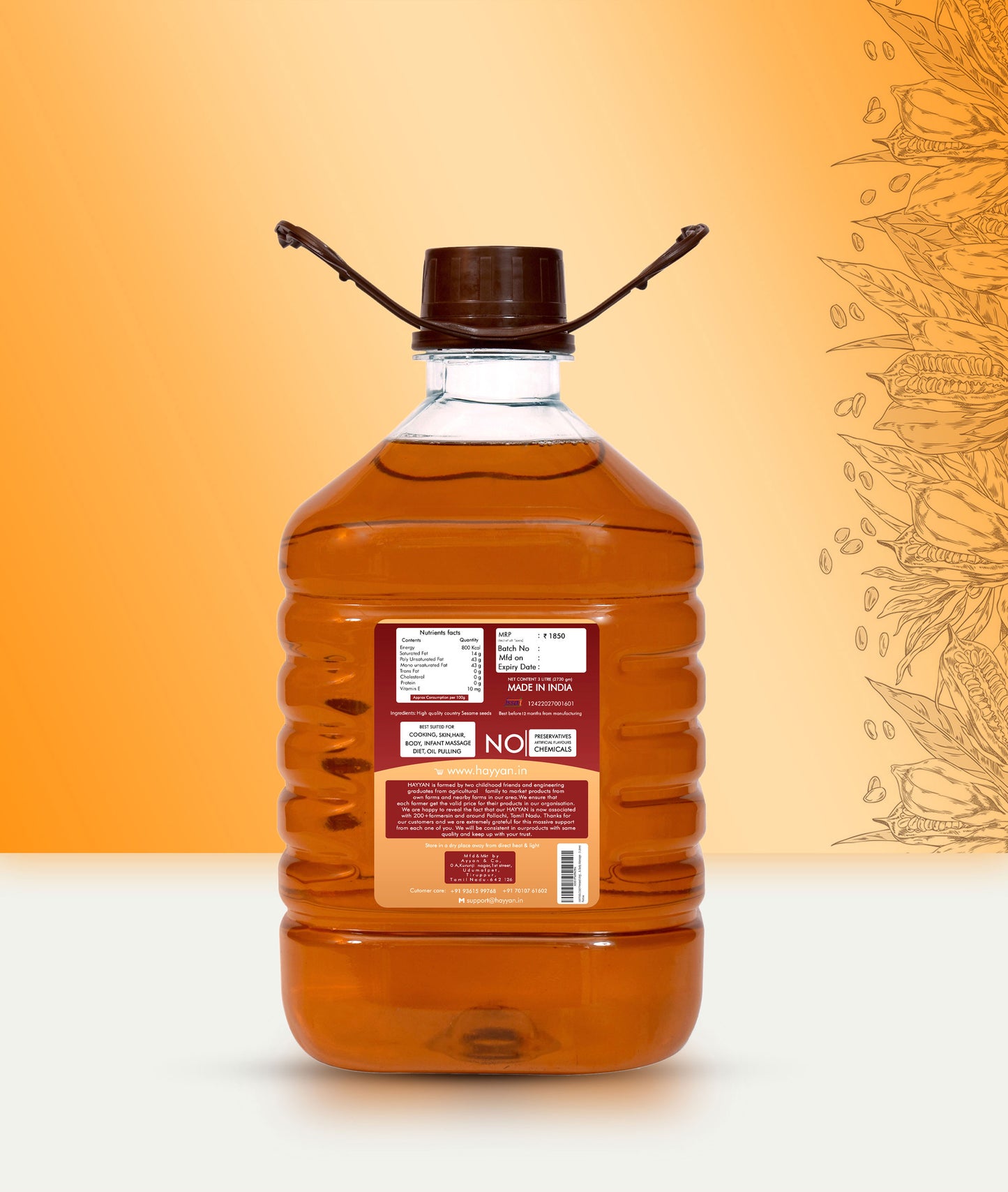 HAYYAN Cold Pressed Sesame Oil / Gingelly Oil / Til Ka Oil - 3 Litre