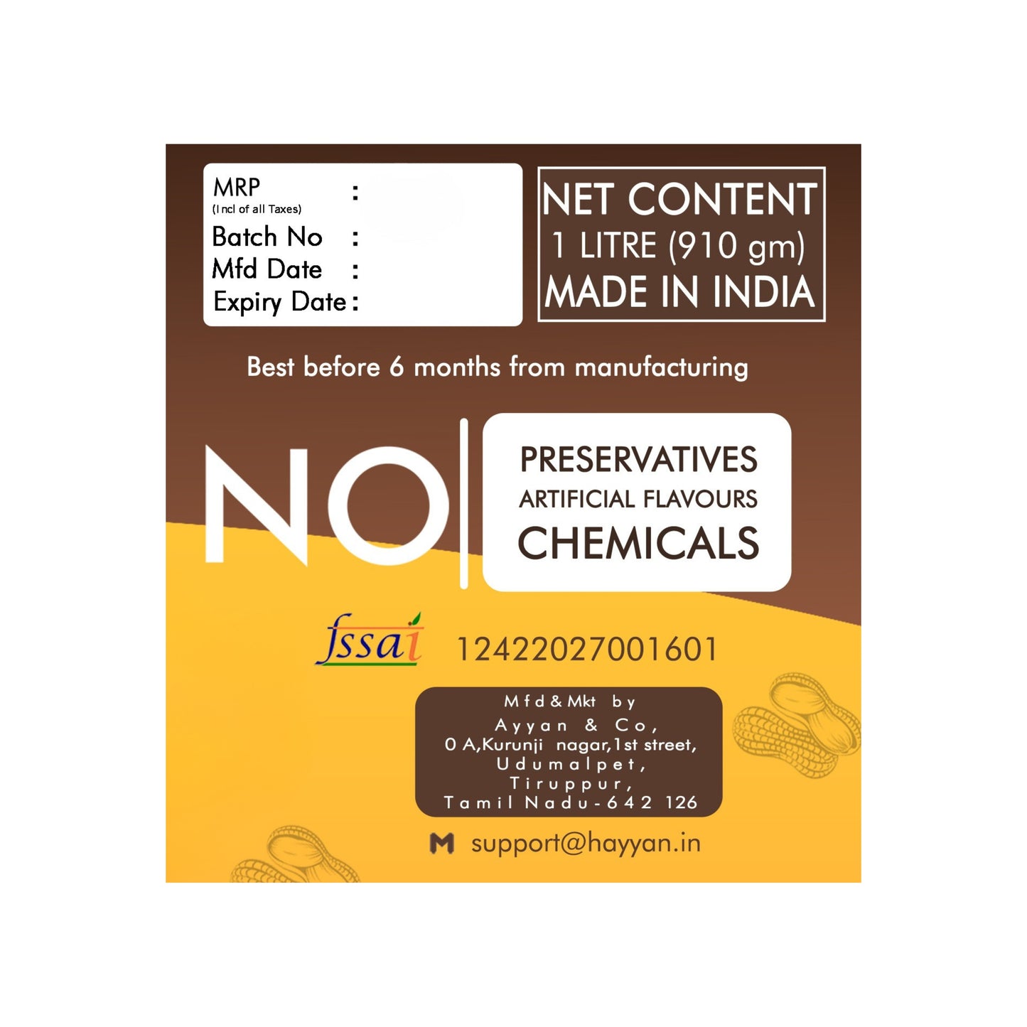 HAYYAN Cold Pressed Unrefined Groundnut/Peanut Oil ( Chekku / Ghani ) - 1 Litre