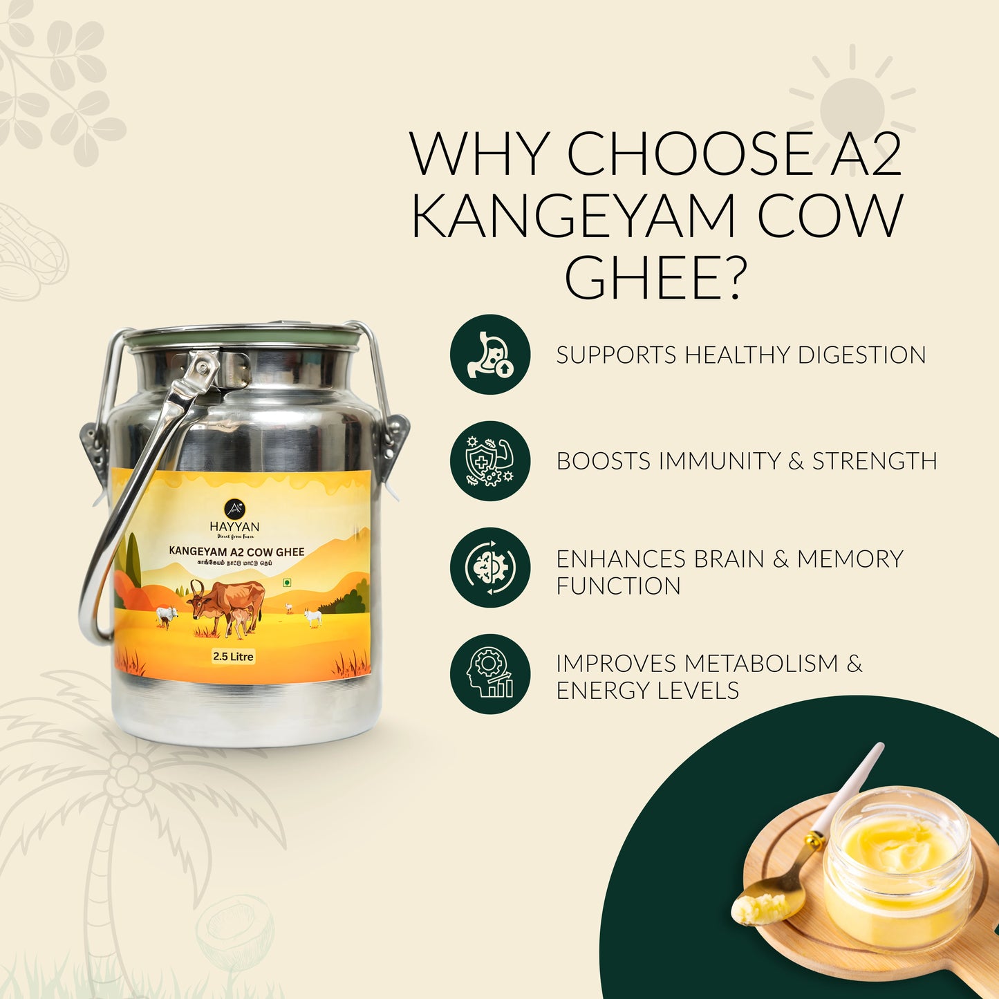 Hayyan A2 Pure Kangeyam Cow Ghee 2.5 Litres