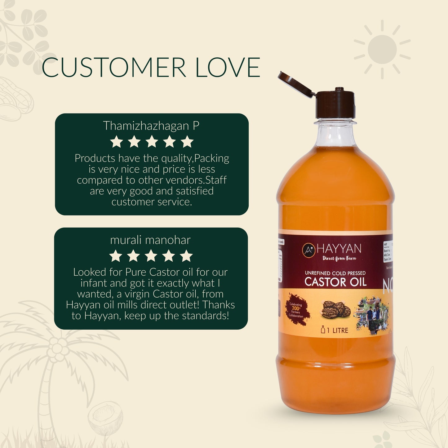 HAYYAN Cold Pressed Virgin Castor Oil - for Healthy Hair , Skin & Cooking - 500 ml