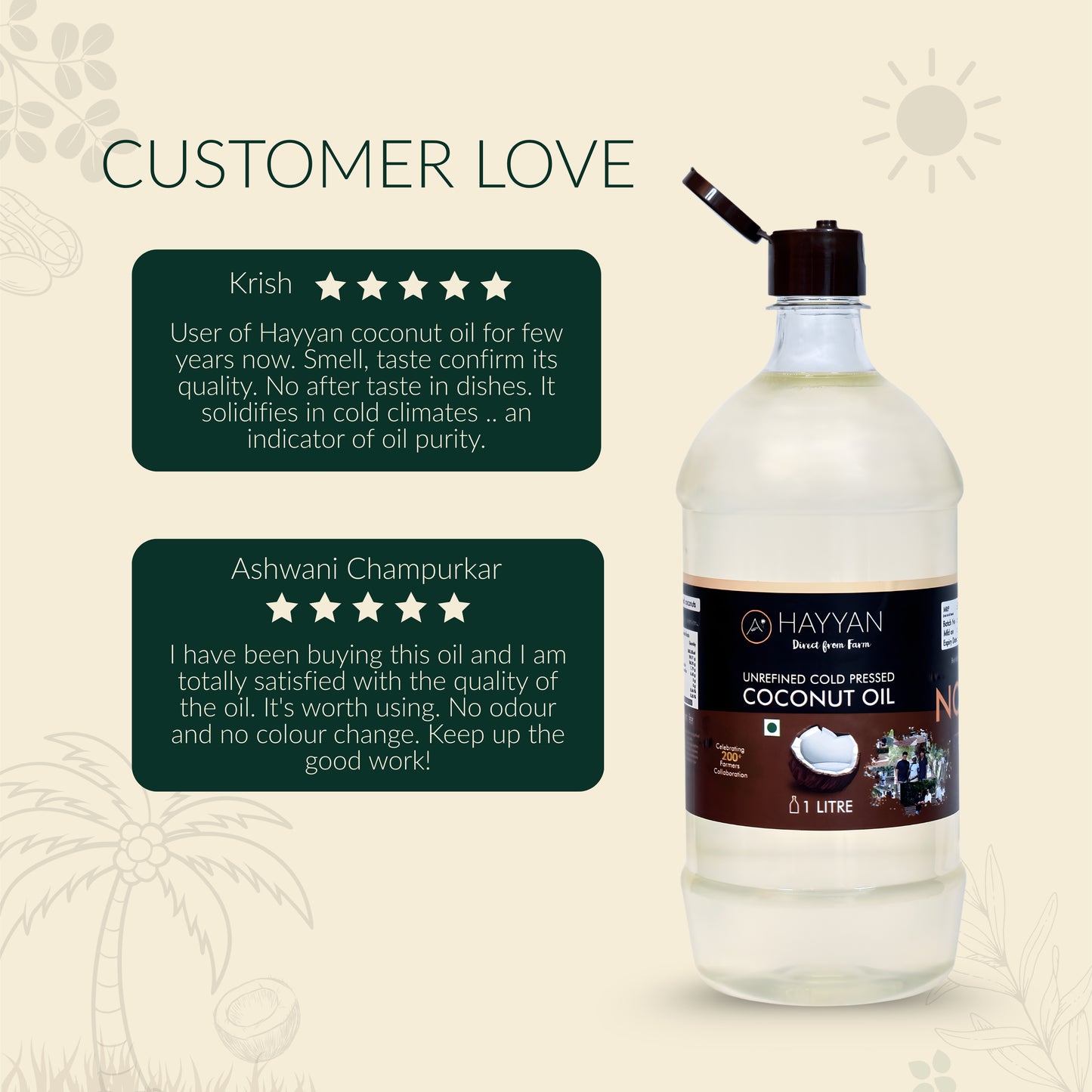 HAYYAN Cold Pressed Unrefined Own Farm Coconut Oil ( Chekku / Ghani ) - 500 ml
