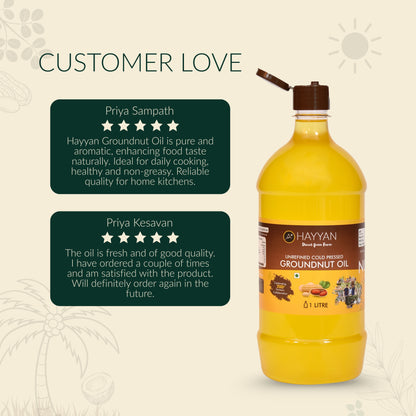 HAYYAN Cold Pressed Unrefined Groundnut/Peanut Oil ( Chekku / Ghani ) - 1 Litre