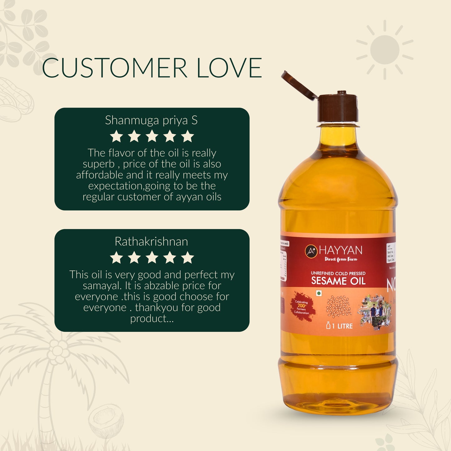 HAYYAN Cold Pressed Sesame Oil / Gingelly Oil / Til Ka Oil – 2 Litre