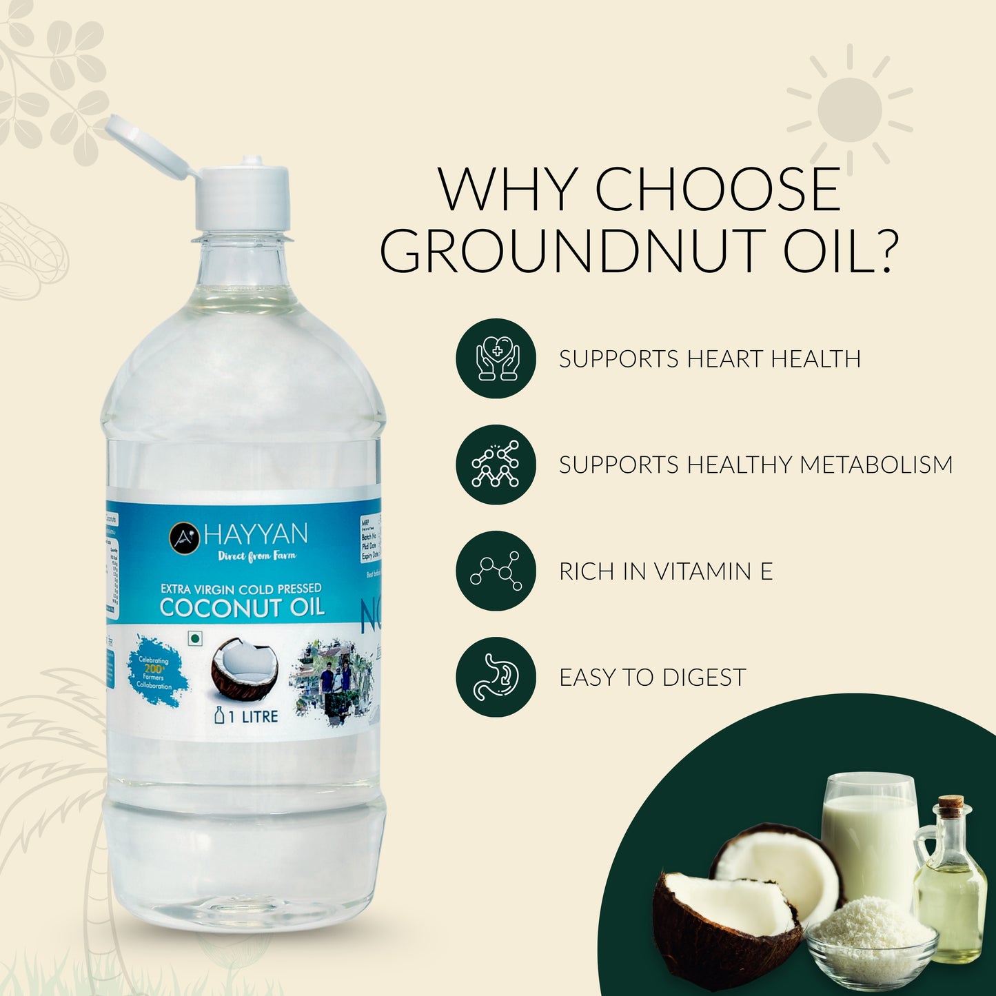 HAYYAN Organic Extra Virgin Coconut Oil - 500 ml