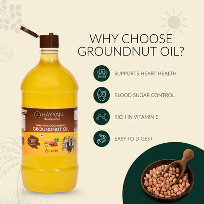 HAYYAN Cold Pressed Unrefined Groundnut/Peanut Oil ( Chekku / Ghani ) - 1 Litre