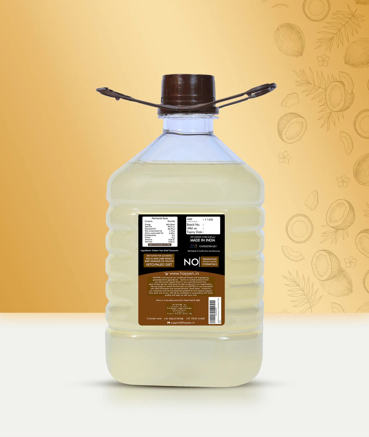 HAYYAN Cold Pressed Own Farm Unrefined Coconut Oil - 3 Litres