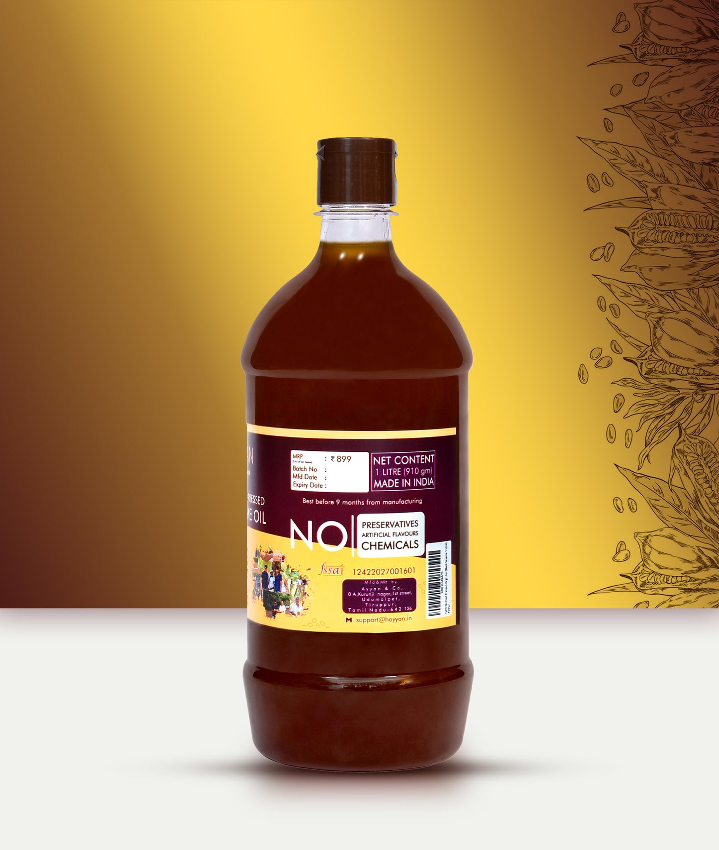 HAYYAN Cold Pressed black sesame Oil - 1 Litre