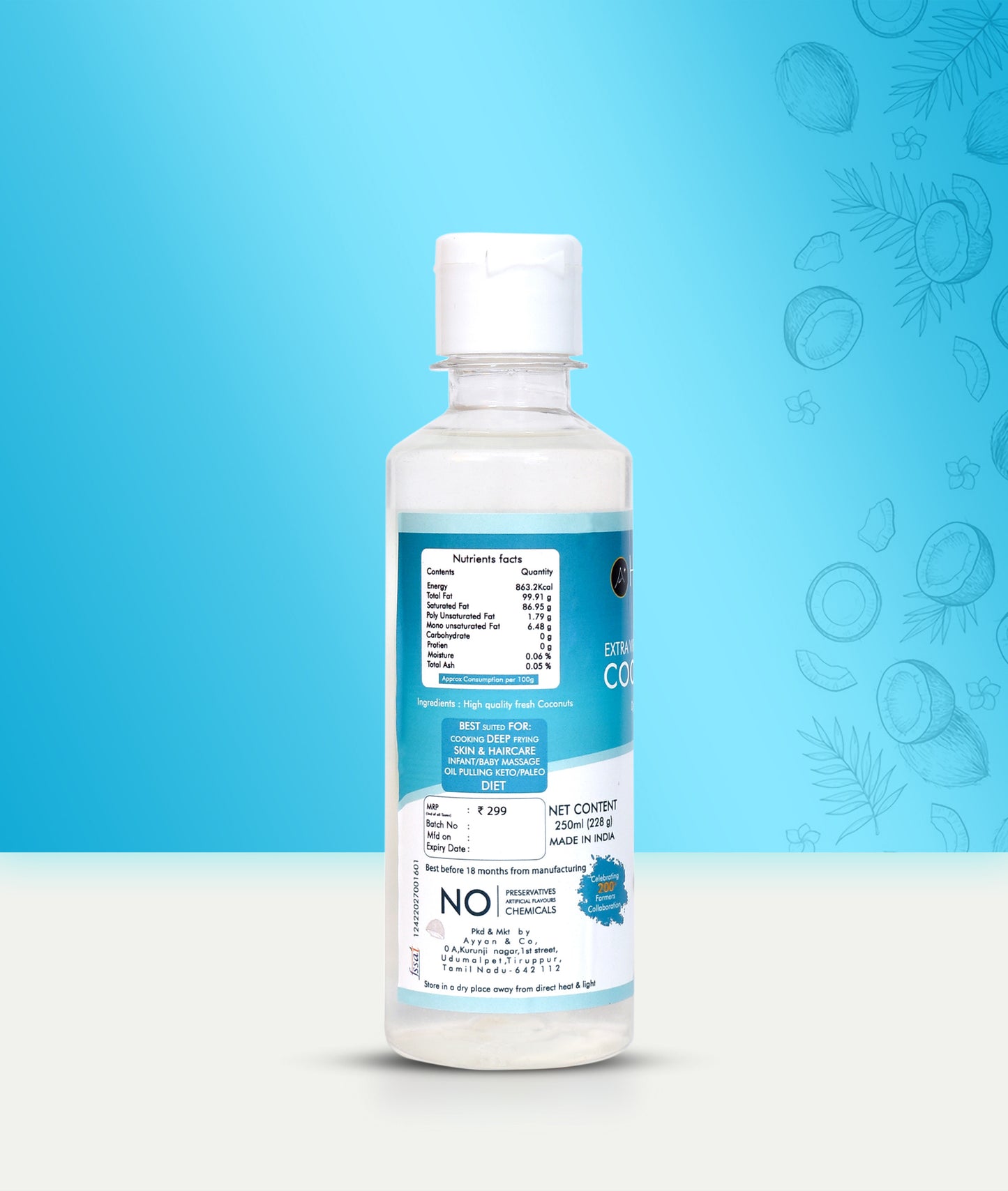 HAYYAN Extra Virgin Cold Pressed Unrefined Coconut Oil from Coconut Milk - 250 ml