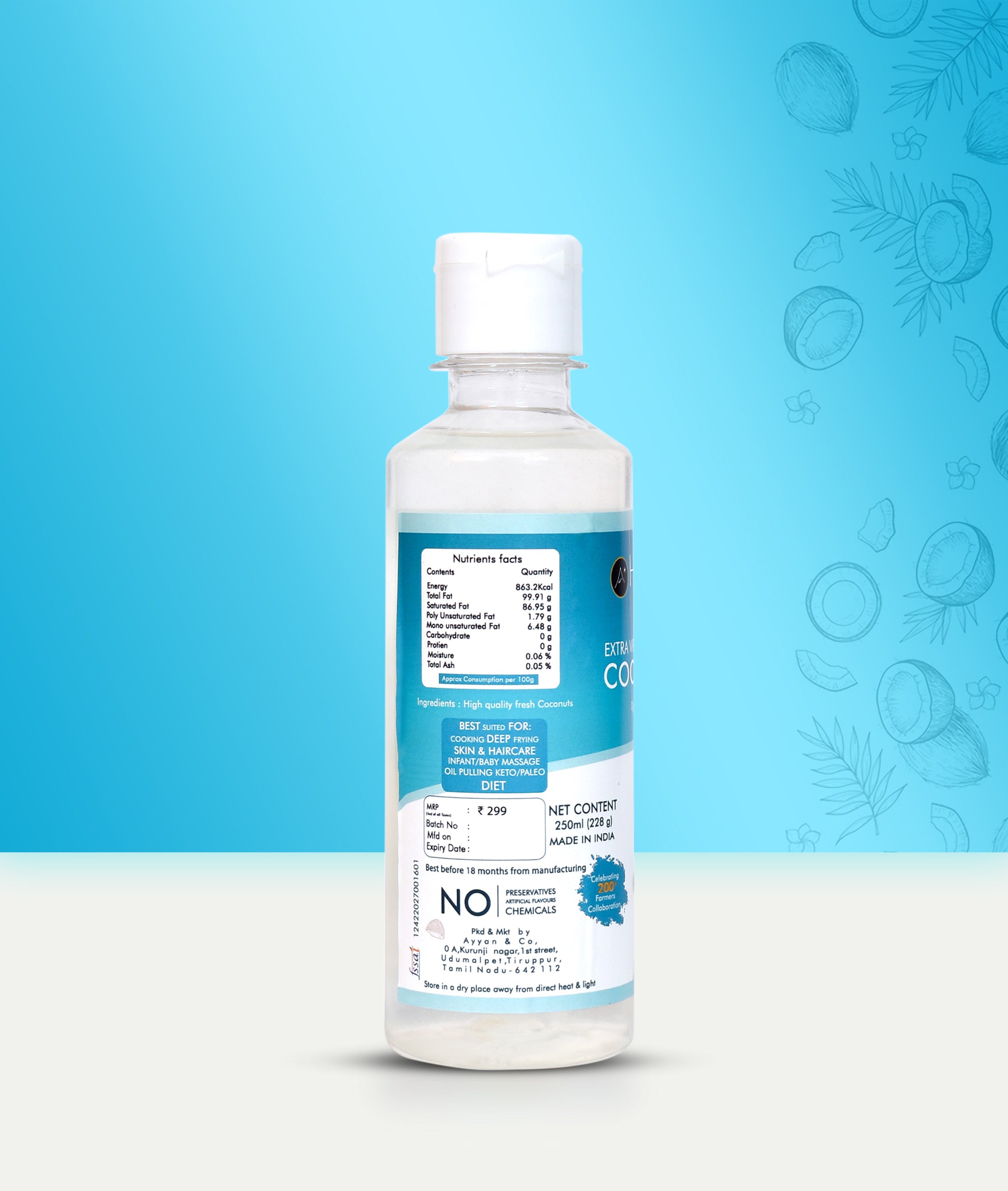 HAYYAN Extra Virgin Cold Pressed Unrefined Coconut Oil from Coconut Milk - 250 ml