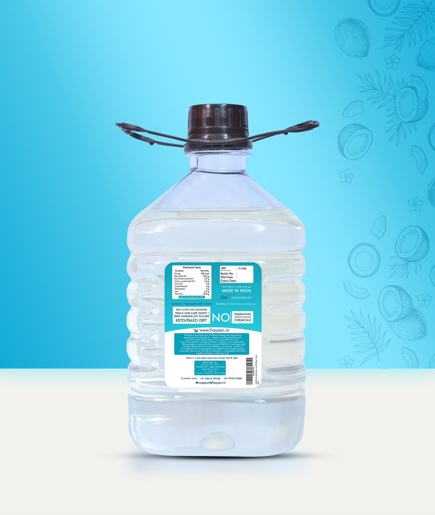 HAYYAN Extra Virgin Cold Pressed Unrefined Coconut Oil from Coconut Milk - 3 Litre