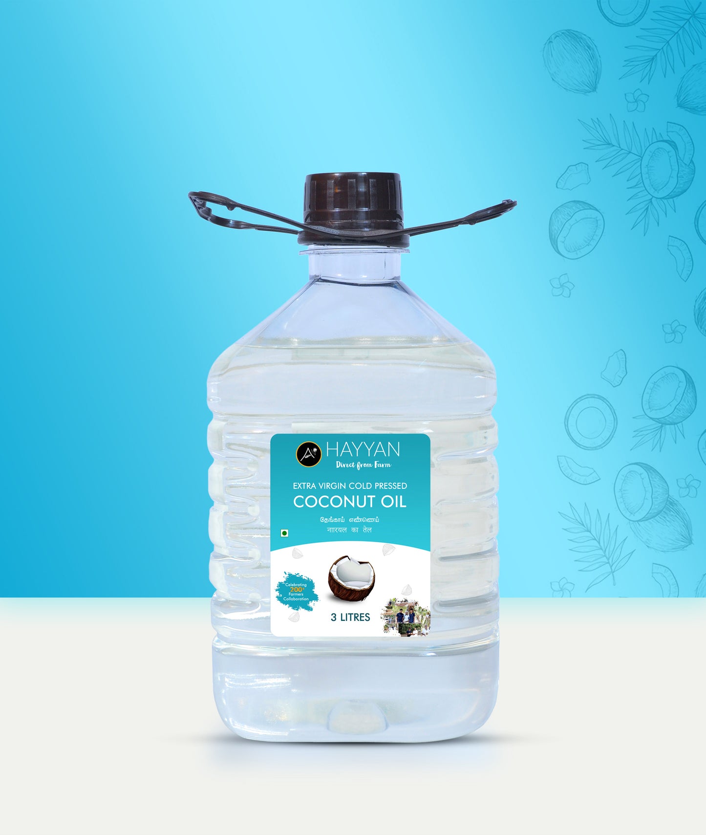HAYYAN Extra Virgin Cold Pressed Unrefined Coconut Oil from Coconut Milk - 3 Litre