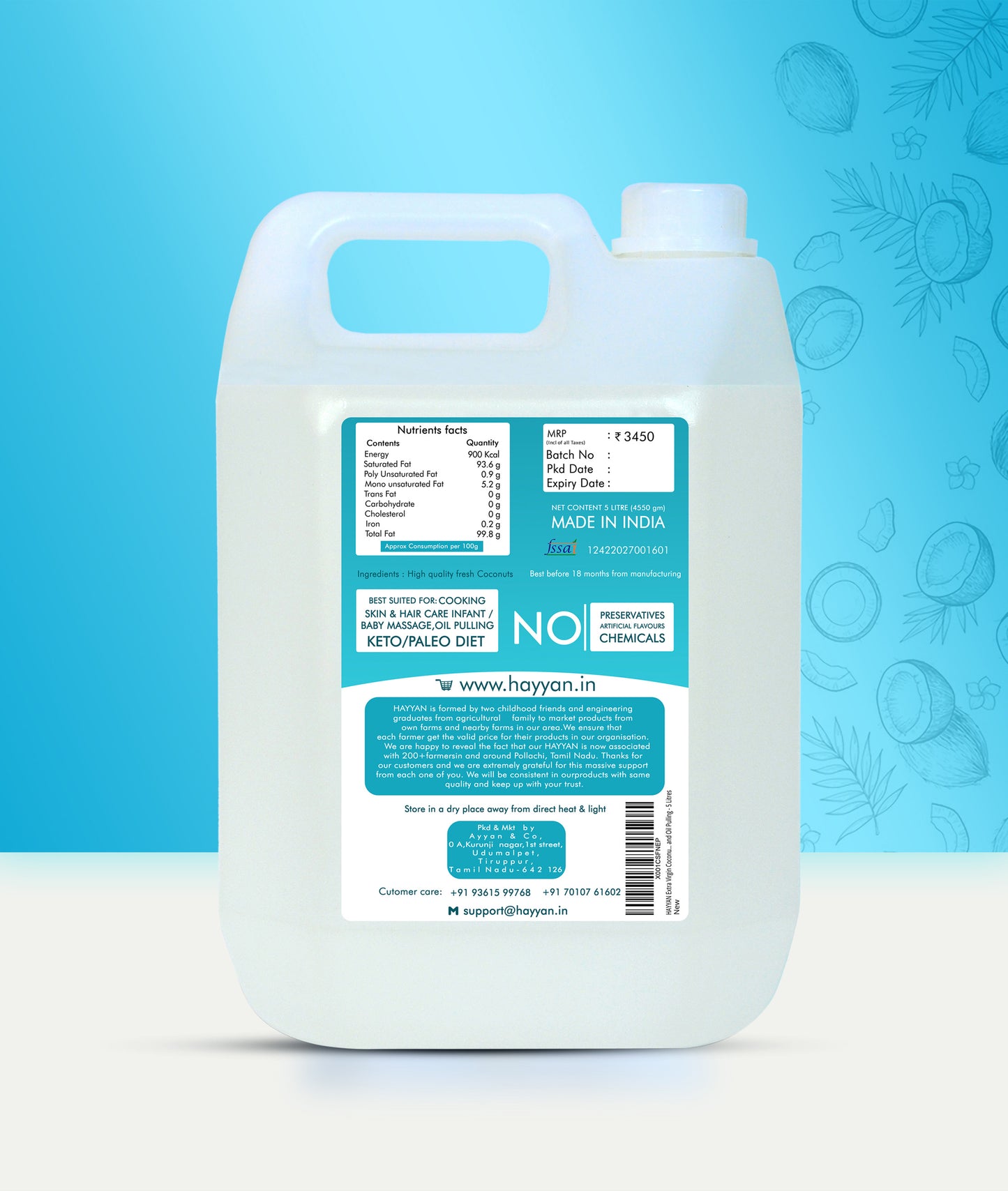 HAYYAN Extra Virgin Cold Pressed Unrefined Coconut Oil ( Wet centrifuged process ) - 5 Litres