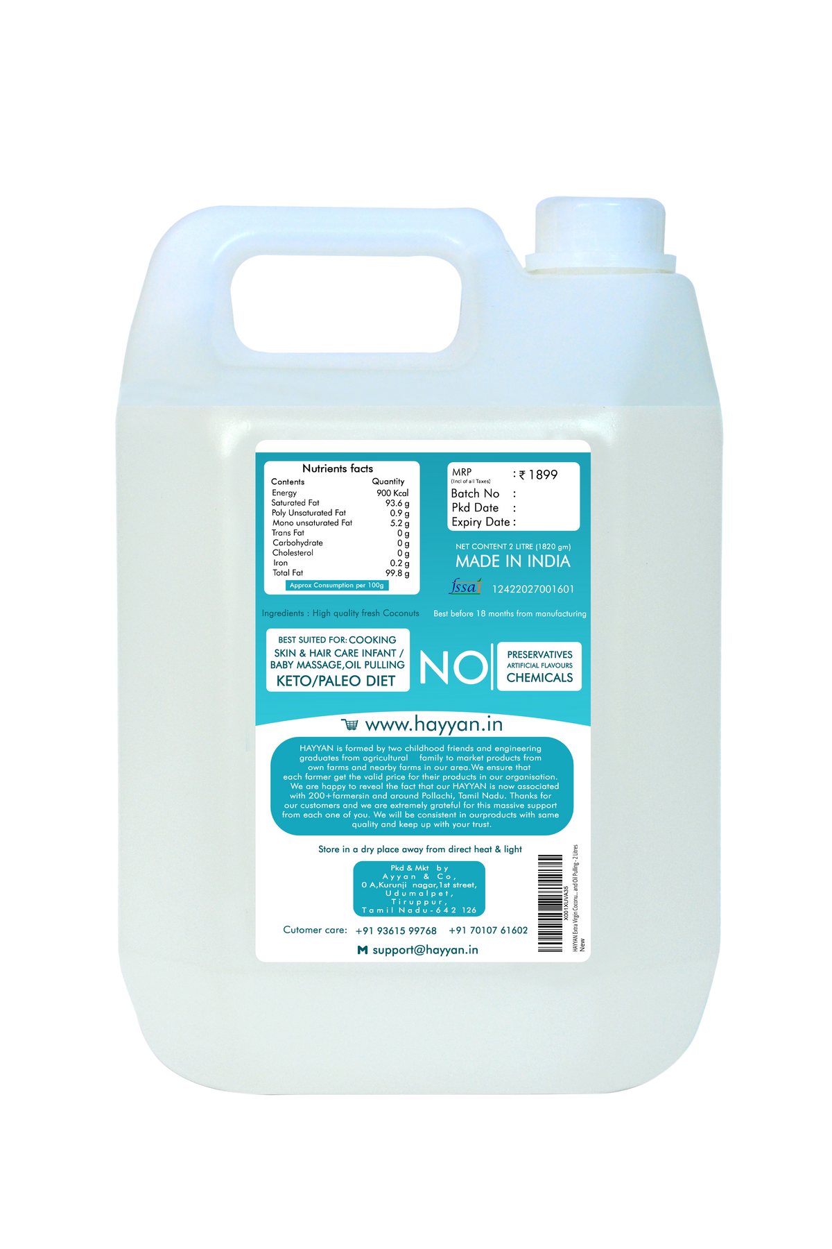 HAYYAN Extra Virgin Cold Pressed Unrefined Coconut Oil ( Wet centrifuged process ) - 2 Litres