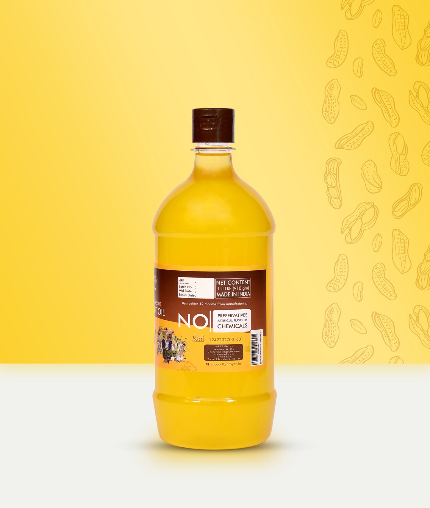 HAYYAN Cold Pressed Unrefined Groundnut/Peanut Oil ( Chekku / Ghani ) - 1 Litre