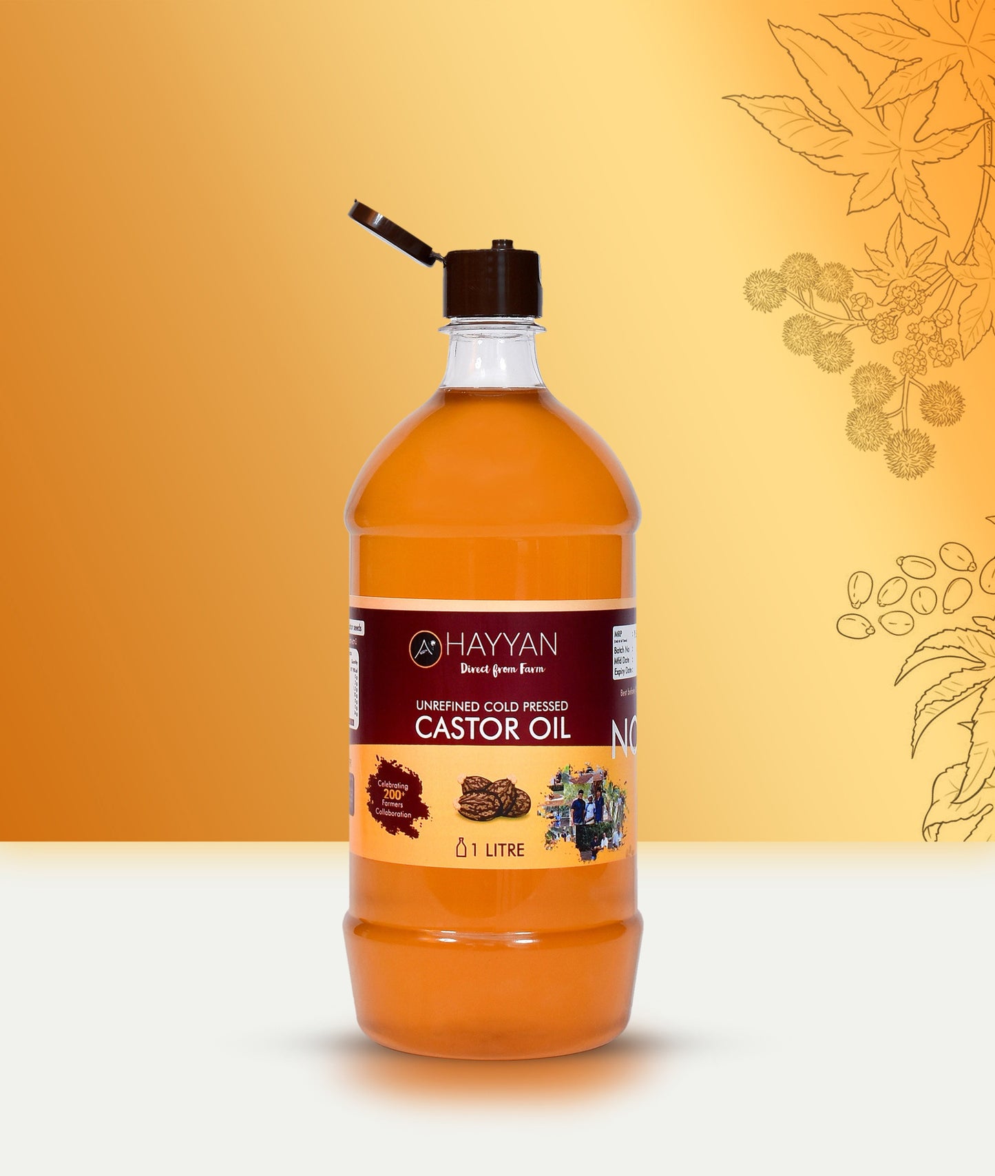 HAYYAN Cold Pressed Virgin Castor Oil - for Healthy Hair , Skin & Cooking - 1 Litre