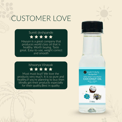 HAYYAN Extra Virgin Cold Pressed Unrefined Coconut Oil from Coconut Milk - 100 ml(Trail Pack)