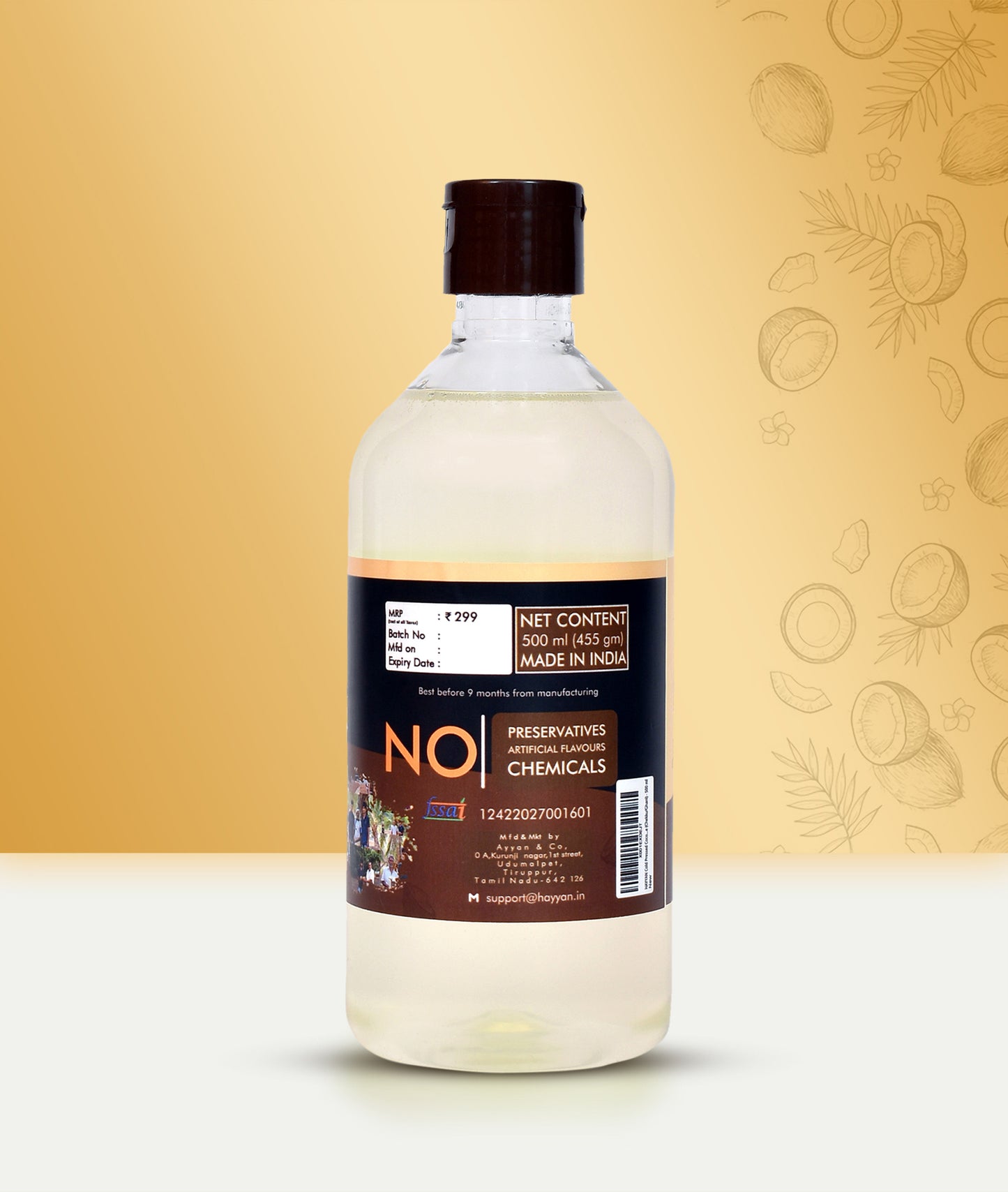 HAYYAN Cold Pressed Unrefined Own Farm Coconut Oil ( Chekku / Ghani ) - 500 ml