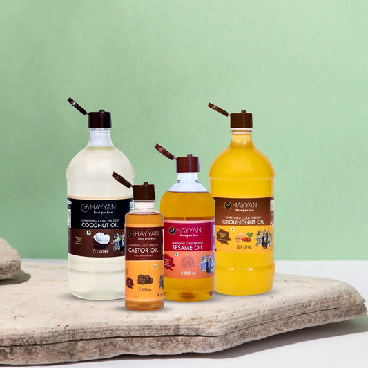 Starter Pack - Combo of 1 litre Coconut Oil, 250 ml of Castor Oil, 500 ml Sesame Oil, 1 litre Groundnut Oil